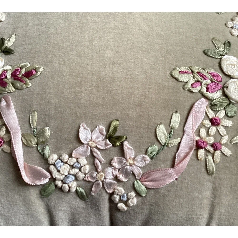 Vintage Velvet Olive Green Ribbon Embroidered Floral Decorative Pillow 12x12